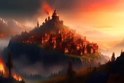 fantasy town with castle on hill after fire