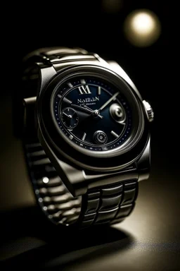 Create a realistic nighttime scene featuring the Patek Philippe 5711P watch. Use ambient lighting to highlight the watch's details in a subdued and elegant setting. Capture the luminescence of the dial and hands under moonlight or artificial light sources.