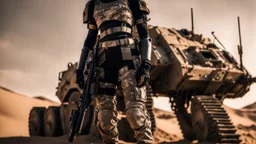 beautiful caucasian female soldier, black metal body and limbs, visible cybernetic limbs, scratched sand camo metal details, short brunette wavy bob haircut, dystopian, desert scene