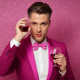 man in a pink suit, glam style and a glass of red wine in his hand, pink background too, real photography, portrait photography