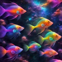 glowing transparent rainbow fishes in space, nebula in bakcground, Liquid Structure, Splash, professional, Photography, Intricate Patterns, Ultra Detailed, Luminous, Radiance, beautiful, Ultra Realism, Complex Details, Intricate Details, 16k, HDR, High Quality, Trending On Artstation, Sharp Focus, Studio Photo, Intricate Details, high contrast, bright vibrant colors