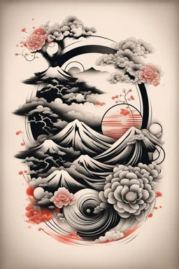 Create a captivating modern 2d Japanese tattoo design for print , using the elegant influences of japan art style, for print, dynamic elements from fashion and design, and bold Japanese art aesthetics, framing centered in the center, distanced from the edges of the paper perimeter, perfect anatomy, bauhaus, Divine Proportion,