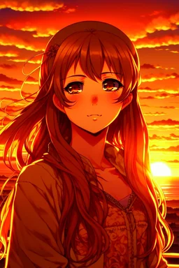 (image: An anime character with flowing hair and intense eyes, standing against a picturesque sunset), Descriptive Keywords: Anime Character, Flowing Hair, Intense Eyes, Sunset, Beauty, Ultra Realistic, Anime, Anime Character Type: Heroine, Camera Lens Type: Wide-angle lens, Camera Aperture Settings: f/2.8, Time of Day: Golden Hour (evening), Style of Anime Character: Strong and Determined, Type of Film: Digital