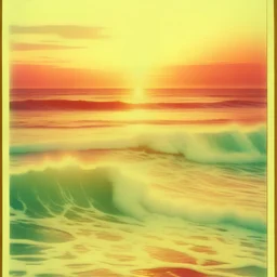Realistuc Sea, soft waves, pale polaroid with damaged border, 1968, sunset