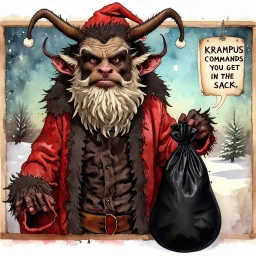 Watercolor oil paint. Medium shot. A Burtonesque Krampus wears a tattered dark red outfit with dingy white fur trim. He looks directly at the viewer holding an empty black Santa sack. Winter background. Caption reads "Krampus commands you to get in the sack." Hyperrealistic splash art concept art. Intricately detailed. Vibrant color depth. Dramatic 2/3 face angle. Side lighting. Colorful background. masterpiece, best quality, 8k, intricate, trending on artstation.