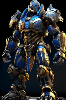 Ironclad stands at an imposing 8 feet tall and is heavily armored with a combination of sleek metallic plating and blue energy accents. Its body is adorned with a polished, reflective surface, giving it a distinct and imposing presence on the battlefield. His waist is snatched. His design is like Nullsector from Overwatch