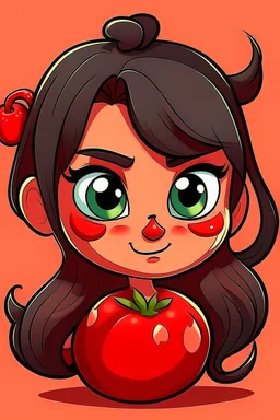 Tomato super Villain girl with dark brown hair and brown eyes in the style of Lilo and Stitch.