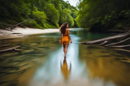 beautiful girl walking toward camera in trees next to wavy river with clear water and nice sands in floor.camera capture from her full body front