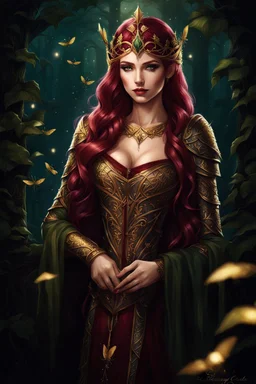 Burgundy hair, dark hair,dark red , rapunzel hair,very long hair,dark fairy princess,elven crown,night,dragonflies,beautiful,ong ashes,golden armor ,sparkle,night blooming,ivy,dark green,lilly of valley,golden elven crown,elven warrior,dark gold armor,extremely long hair