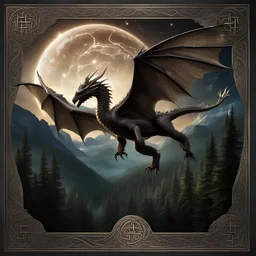 image framed with a thin border of celtic designs, story book cover format, A Skyrim style winged celestial dragon in flight above a forested mountain, against a background of brilliantly glittering stars, hd 4k, fine sharp detail