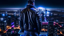 An Englishman in a bomber jacket standing at the top of a tall building looking across a city at night