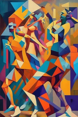 people, dancing, cubist painting, oil in canvas, splash, rust, geometric shapes, colorful