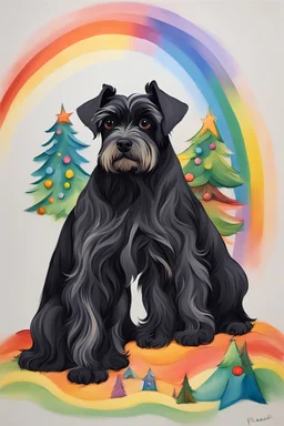 make a picture of three black schnauzers . Behind it is a Christmas tree and a rainbow by Picasso