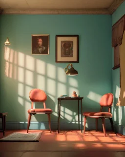 Room scene with sit woman, Wes Anderson style, realistic photo, concept art, smooth, unreal engine 5, god lights, ray tracing, RTX, lumen lighting, ultra detail, volumetric lighting, 3d.