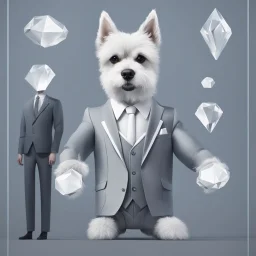 make one realistic business dog that is made of shapes and has a suit on looks a little like crystals with arms