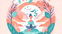 Create a serene flat design illustration for a yoga and well-being website. Use a soothing color palette and depict a tranquil yoga scene with a yogi in yoga positions surrounded by nature.
