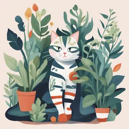 Create a gouache illustration of a cat and plants growing. Add socks to the illustration