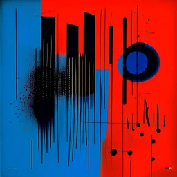 disgusted frequency bar graphs, abstract surrealism, by Antoni Tapies and Graham Sutherland and Victor Pasmore, maximal mind-bending illustration; album art, maximalism, asymmetric;, Crimson - midnight_blue - black color scheme, vertical morse code dots and dashes