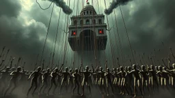 a corrupt government looms above, pulling the strings of hundreds of marionettes below it, the news media broadcasts the marionettes' suffering everywhere, dystopian, horror