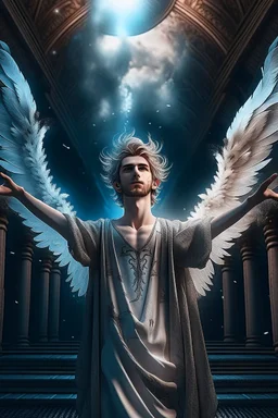 arms up towards heaven, hair standing straight up, fluffy clouds, intense eyes,looking upwards, white pupils, close facial portrait of the streetwise magician posing in elaborate cape, angels and demons, fireflies , staircase with closed gates of heaven, 4 k, down light, depth of field, trending on art station, high detail, cracked ground