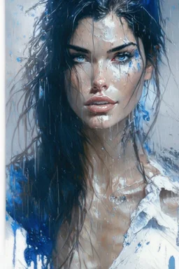 beautiful caucasian woman, age 23, wearing trendy wear wet-white T-shirt, light black hair, Attractive posing, Full body, perfect detailed face, frame the head, blue-eye, glamour, wet skin, Wet hair, rain, hyperdetailed painting, luminism, art by Carne Griffiths and Wadim Kashin concept art, 8k resolution, fractal isometrics details bioluminescens , 3d render, octane render, intricately detailed , cinematic, trending on artstation Isometric gritty, realistic mucha, intricate, high definition,