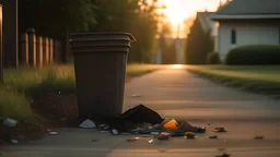 The image of a garbage can with a little trash on the ground in the middle of a driveway during sunset is very realistic