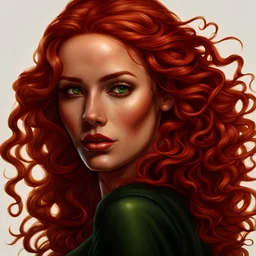 An ultra-realistic half-body image of a beautiful woman with long curly fiery-red hair, green eyes, thin lips, pointy nose, and a nice pointy, NOT wide chin. Wearing a black tight top with an open belly