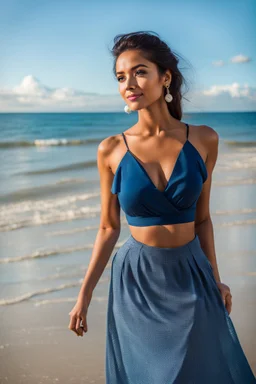 young lady wearing beautiful maxi blue skirt and elegant shirt standing in beach posing to camera ,upper body shot,ships in sea ,blue sky nice clouds in background