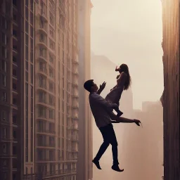 a man pushing a woman over a balcony, downtown new york, dramatic, dramatic lighting, volumetric lighting, hyperrealism, 8k, high quality, photorealistic, lot of details