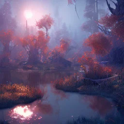 dynamic lighting, Intricately detailed, Splash screen art, deep color, Unreal Engine, volumetric lighting, red wetlands,