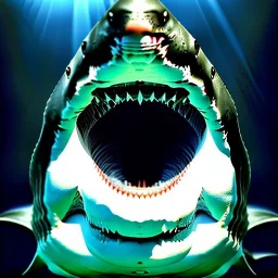 Great White Shark oil on canvas portrait , perfect composition, perfect anatomy, perfect contrast, intrincate detail, intense stare, realistic image, high resolution 8k, by Caravaggio