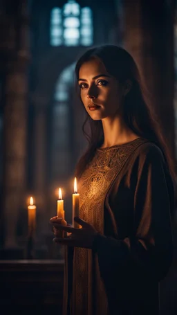 Shi Fi, a beautiful Spanish woman in the church holding a candle, atmospheric lighting effects, intricate industrial details, moody atmosphere, eerie grimdark ambiance, complex motherboard accents, speculative fiction art. Bokeh