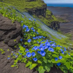 a cliff on the galapagos island, there are pretty blue and white morning glory vines with flowers grown up