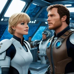[high res photo in Valerian and Laureline's universe of Jean-Claude Mézières (1967)] Chris Pratt as Kael Dravan tightened his uniform clasp while scanning the spacedock, a tide of alien species pouring through the bay. At his side, a youthful Heather Thomas plays Lyra Vey listened intently, her gift for finding order in chaos keeping them steady amid the shrieks, scents, and psychic echoes. Around them bustled Shingouz, Syrtesians, and towering Omelites, all moving within the vast, living heart