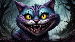 Cheshire cat in the style of, gore, horror, eerie, dark fantasy; HDR, UHD, TXAA, Ralph Steadman, Seb Mckinnon, impressionism, dadaism, surrealism