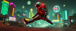 cyberpunk space city, in valley, A space elf cowboy biker astronaut with disco ball rocket backpack named Dave started doing the splits, Blew a fuse in his hips and short-circuited his bits, The Martian fluffy gremlins went wild, the Plutonians dogs screamed, Even black-and-white aliens turned ultraviolet green! in the style of fallout 4 and HR Giger, background motion blur , and volume fog spot lights