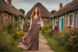 Full body shot of a tall slim pretty, red-headed young woman, dressed in a long flowing colourful dress, standing in front of a row of cottages and shops with thatched roofs