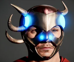 Superhero, bullseye mask, horns, cape, viking shield, jellyfishsombrero, metal, steel hands, strong, chest plate, gloves, pauldrons, pressurized boots, radium, sleeved, muscular, mustache