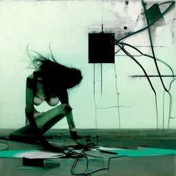 Dystopian future women twisted body with retro monitor head and handing wires. In desolate landscape at night. With a concrete decaying block. Abstract oil painting in style of Justin Mortimer