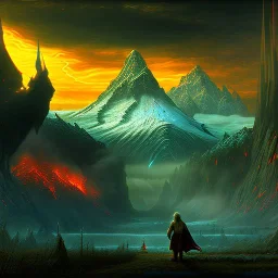 Epic Drawing of mordor scenery with a dragon of The Hobbit estilo Van Gogh 4k