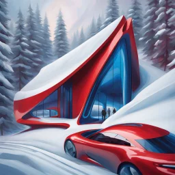 Aerial view Zaha Hadid style snow hut, digital art, hyper-detailed, red and blue colors, 8k oil painting