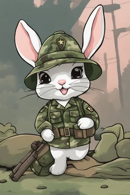 A pfp of a cute army bunny with army hat, camo shirt