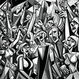 picasso cubism crowd of people black and white screaming with guns