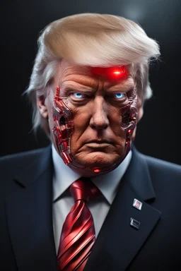 Portrait of Donald trump, realistic cyborg face, metal showing under skin, red eyes