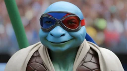 A blue-skinned Ninja Turtle wearing glasses in the Beijing 2008 Olympics