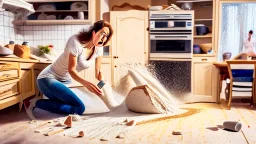 woman on the phone while husband pours baking flour all over the the floors and throw rug looking for make believe invisible tabletops