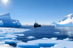 antartique, falaises glacées transparentes, étendues blanches, rayon de soleil lumineux, ours blanc sur la banquise, bateau au loin,