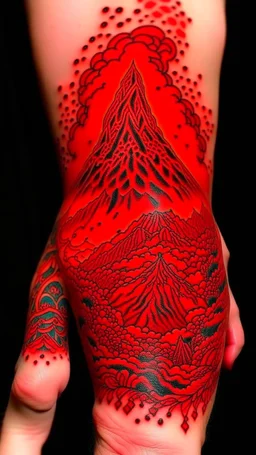 A red volcano with chaotic fire designed in Mehndi design