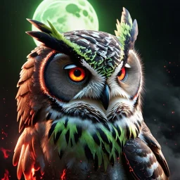 Owl design with ice, lava and starlight, iridescent wings under a molten lava blood red moon with eerie fog, the owl has green eyes 8k UHD Gothic fantasy art with splatter.