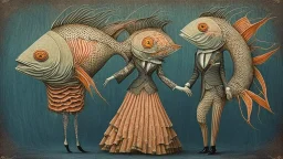 "The Salmon Dance" depicts a Couple with giant salmon heads in formal dance wear that is intricately detailed with quilling from things found in nature; surrealism; Ben Templesmith